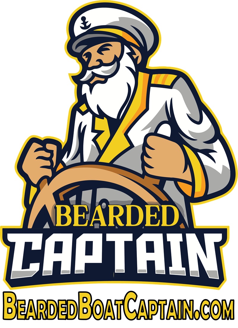 The bearded captain logo, illustrating a charter boat service, combines nautical imagery with a distinguished captain's likeness