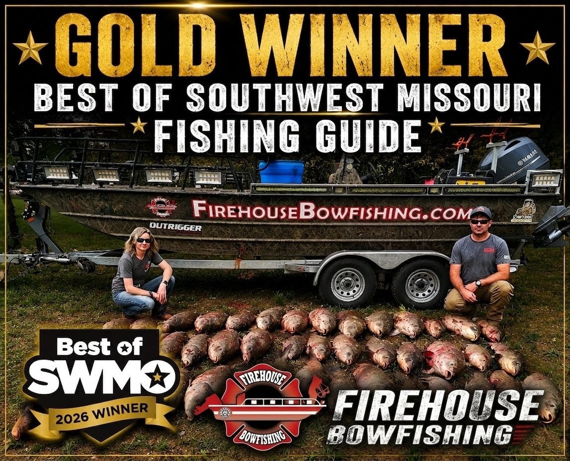 Firehouse Bowfishing owners Derek and Tiffany holding fish aboard a bowfishing boat after being named Best of Southwest Missouri Fishing Guide 2026